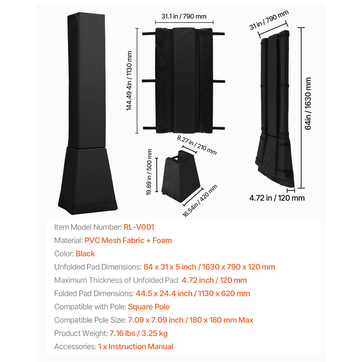 64" Tall Basketball Pole Pad All-weather Durable Padding For 7"x7" Square Pole_voghion.com
